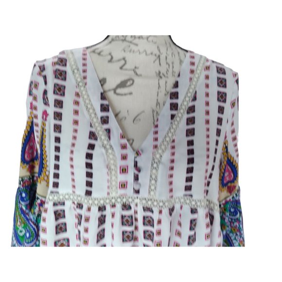 Umgee USA VNeck bell Sleeve Print Baby Doll Boho Peasant Dress style Tops M READ - Picture 4 of 16